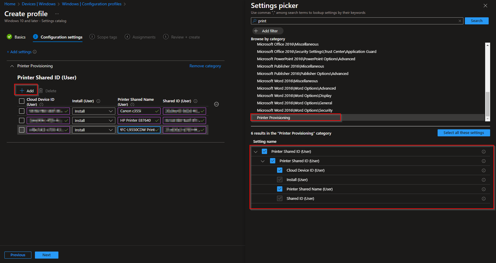 Adding Printer Provisioning settings in Intune